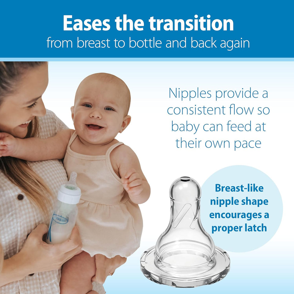 Dr. Brown's Natural Flow Anti-Colic Options+ Narrow Baby Bottle, 8 oz/250 mL, with Level 1 Slow Flow Nipples, 0m+, 4 Pack