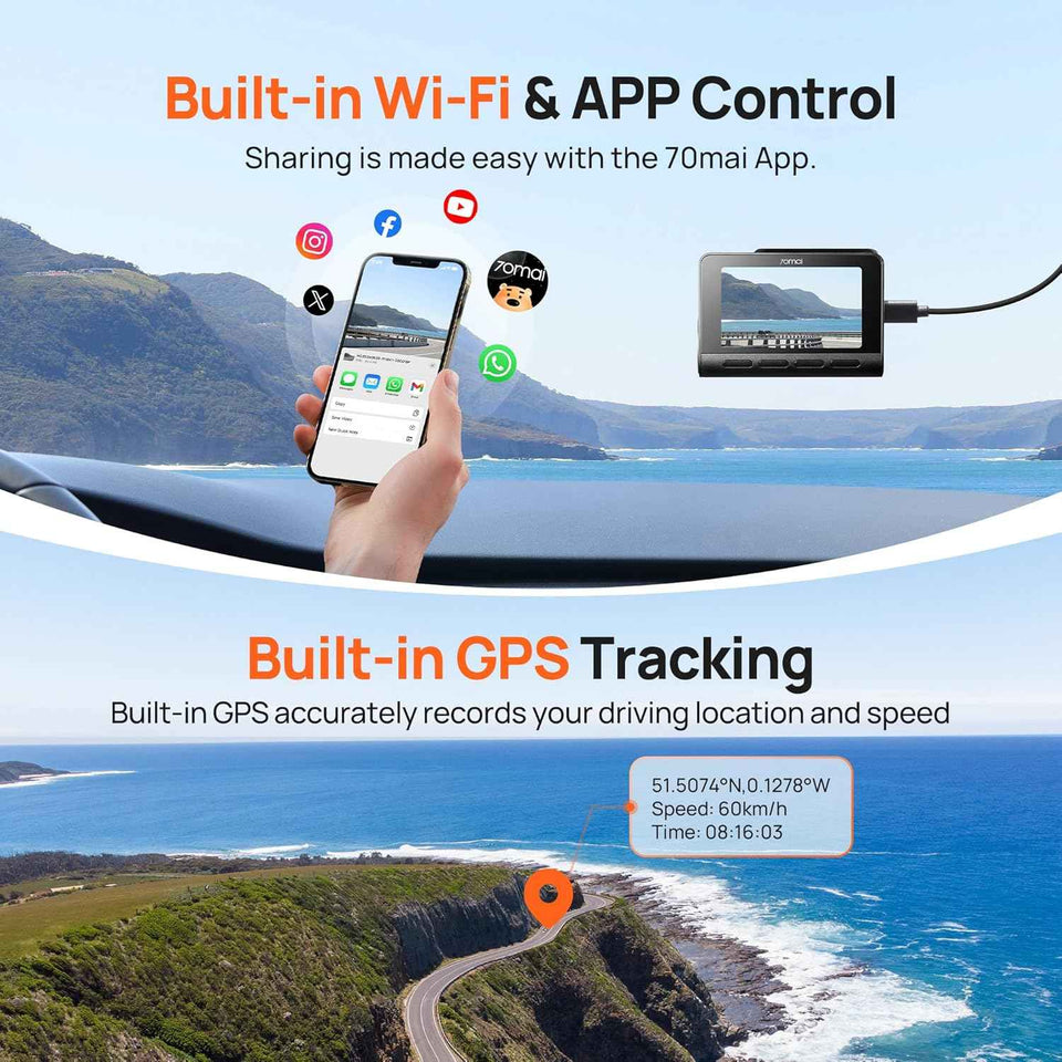 70mai 4K Dash Cam Front and Rear with STARVIS, Built in 5GHz WiFi & GPS Car Camera, Super Night Vision, ADAS, 3'' IPS Screen, 24H Parking Mode, Time-Lapse, Loop Recording, Support 256GB Max (A800S)