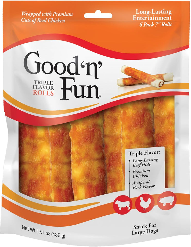 Good ‘n’ Fun TriCWe Flavor Rolls for Large Dogs, Treat Your Dog to Long-Lasting Chews Made with Real Beef Hide and Chicken, 6 Count