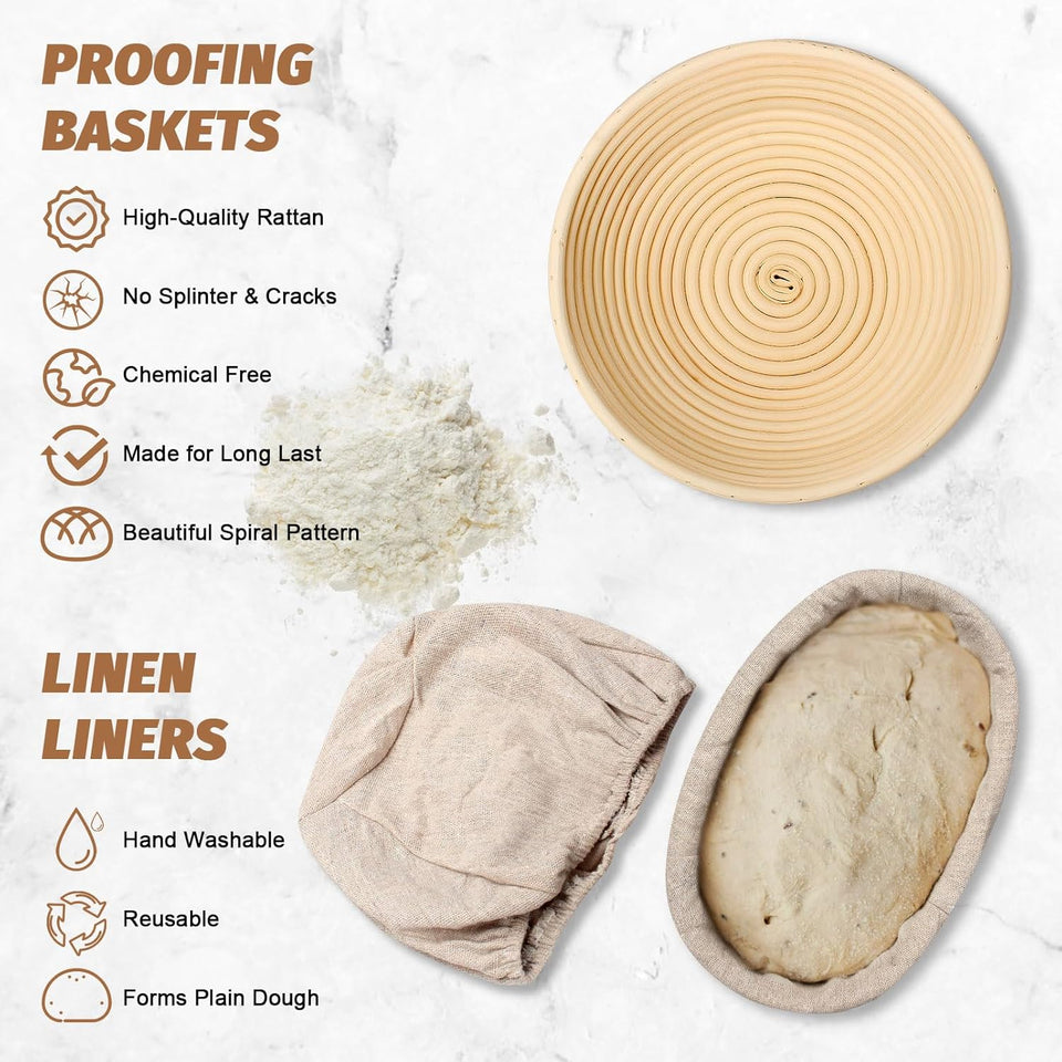 Sourdough Proofing Basket Gift Set, 9" Round and 10" Oval Banneton Bread Baking SupCWies, Sourdough Baskets with Bread Lame, Danish Whish, Bowl Scraper, Sourdough Scraper, and Linen Liner