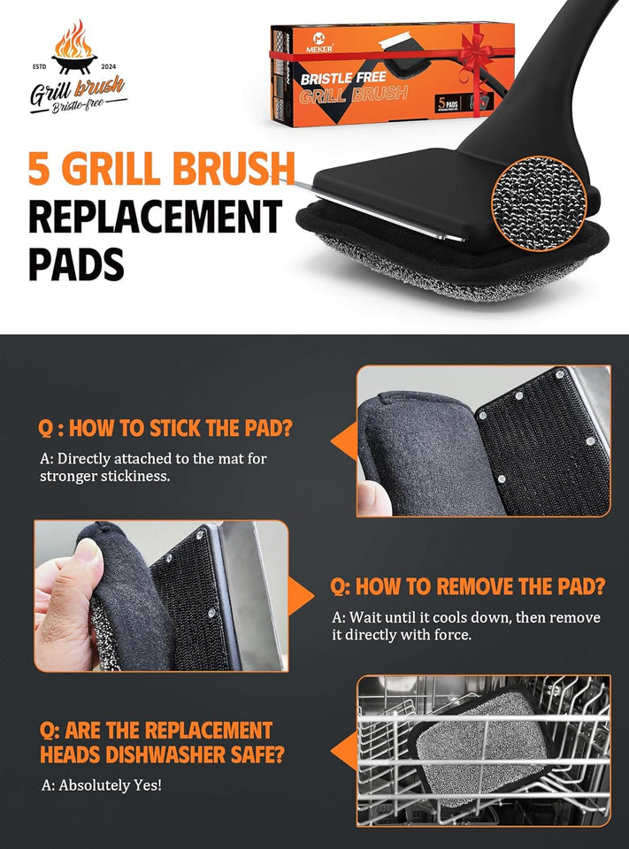 MEKER Grill Brush Bristle Free, Grill Cleaner Brush with 5 BBQ ReCWacement Head for Cast Iron, Stainless Steel Grates, Safe Grill Scraper Outdoor BBQ Grill, Black