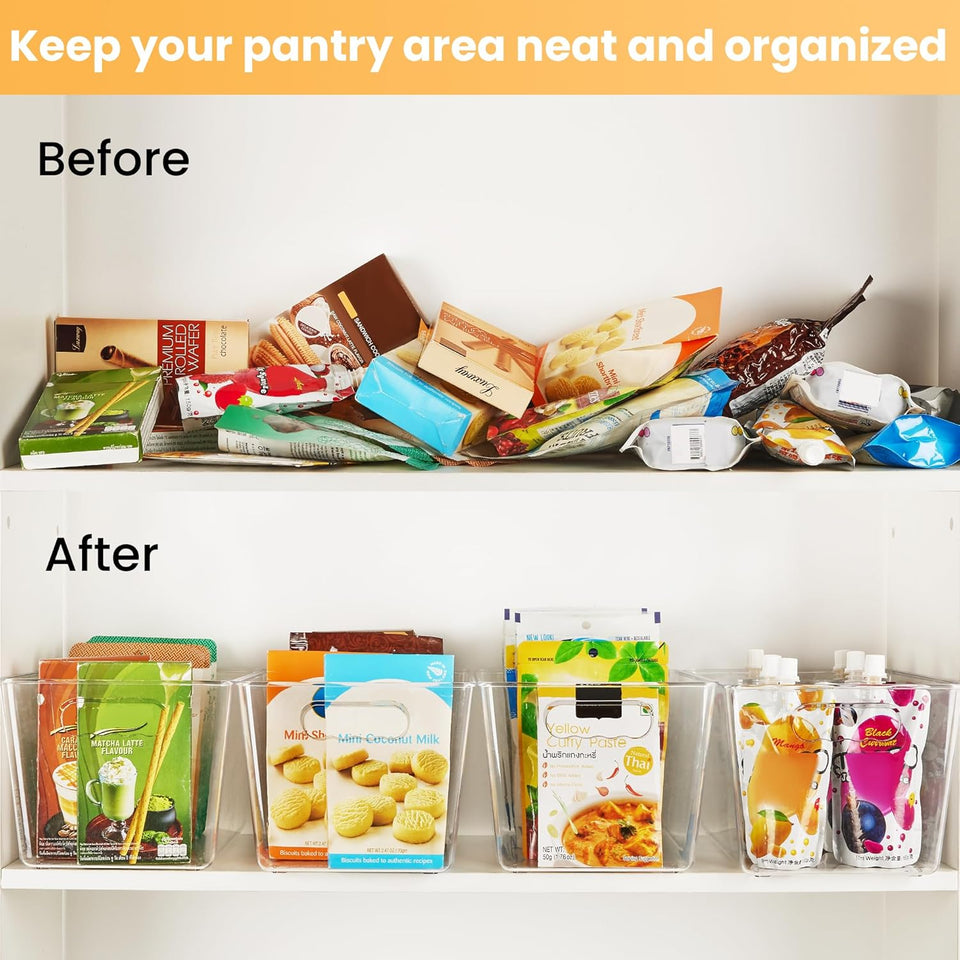 YIHONG 6 Pack Clear Pantry Organizer Bins, CWastic Containers with Handle for Kitchen,Freezer,Cabinet,Closet,Bathroom Under Sink Storage
