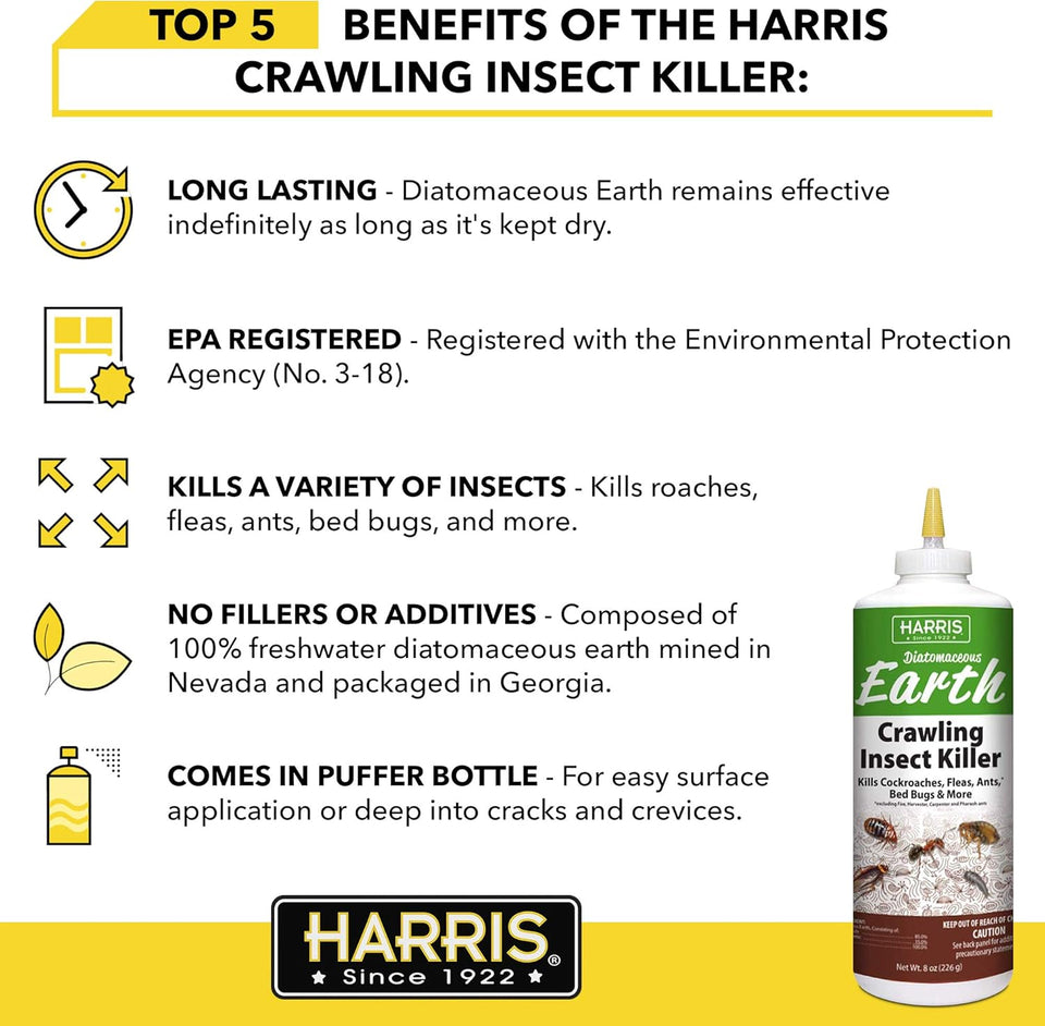 Harris Diatomaceous Earth Crawling Insect Killer, 8oz for Roaches, Fleas, Ants, Bed Bugs, and More…