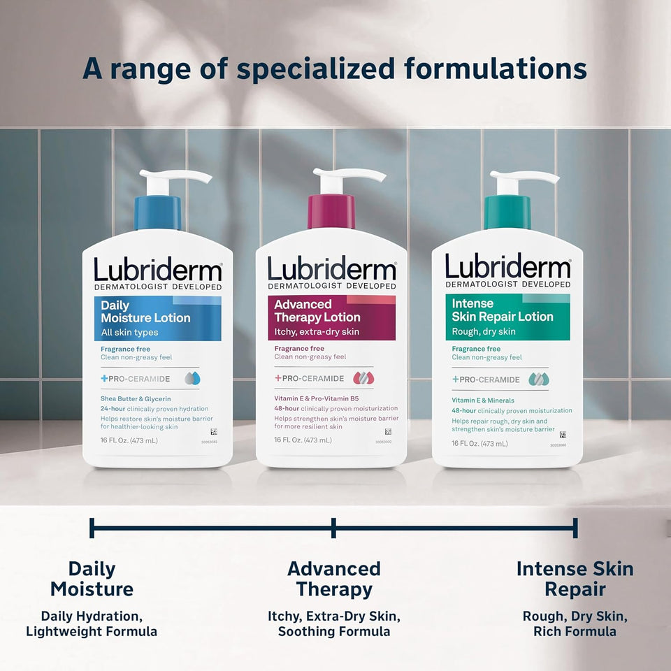 Lubriderm Fragrance Free Daily Moisture Lotion + Pro-Ceramide, Shea Butter & Glycerin, Face, Hand & Body Lotion for Sensitive Skin, Hydrating Lotion for Healthier-Looking Skin, 24 fl. oz