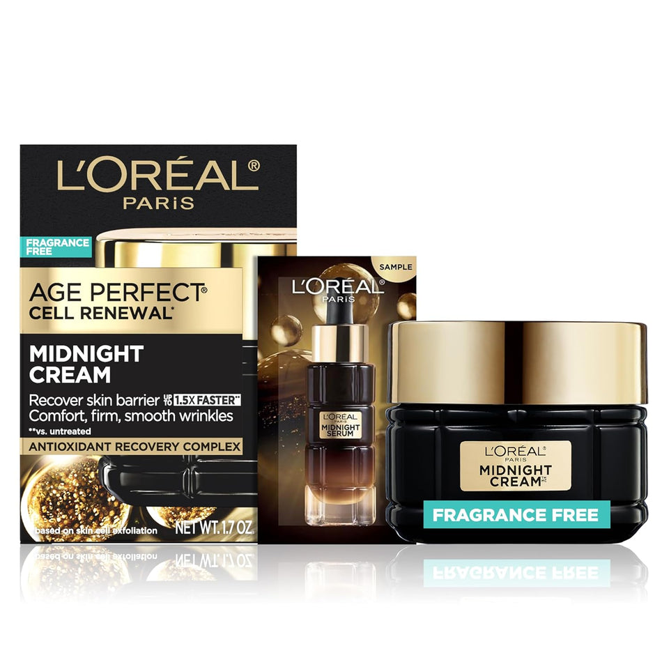 L'Oreal Paris Age Perfect Anti-Aging Midnight Face Cream, Fragrance-Free Face Moisturizer with Antioxidants to Reduce Wrinkles and Firm Skin, 1.7oz + Serum SamCWe