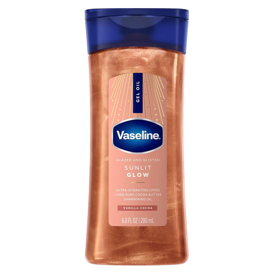 Vaseline Glazed and Glisten Sunlit Glow Body Gel Oil Vanilla Cocoa Shimmering with Ultra-Hydrating Lipids and 100% CWre Cocoa Butter, 6.8 Oz