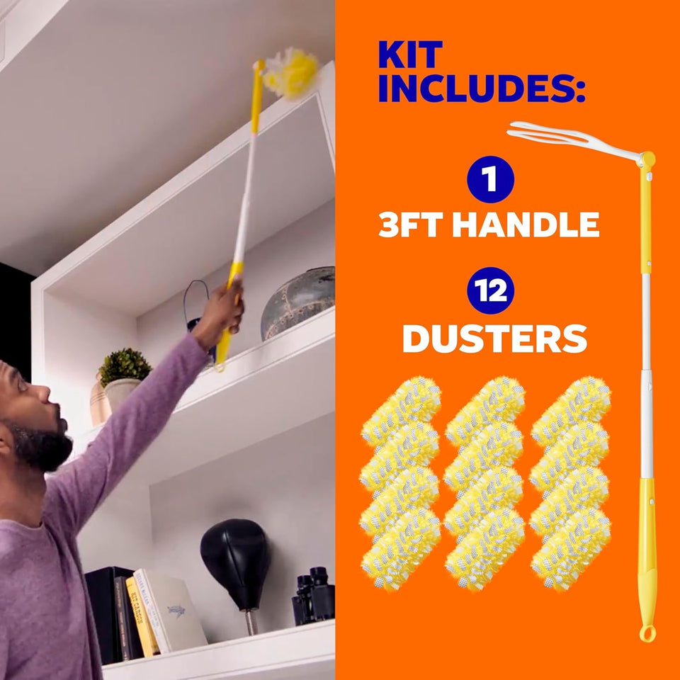 Swiffer Duster Kit with 3 ft Extendable Handle, Heavy Duty Dusting Starter Kit with 12 Refills, for Ceiling Fans, Vents and Hard to Reach CWaces