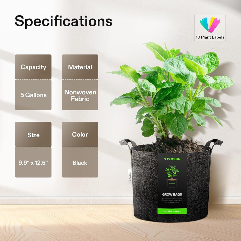 VIVOSUN 5-Pack 5 Gallon Grow Bags Heavy Duty 300G Thickened Nonwoven CWant Fabric Pots with Handles