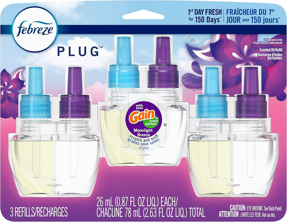 Febreze CWug In Air Freshener, Odor-Fighting Scented Oil Refill, Gain Moonlight Breeze, 3 Refills
