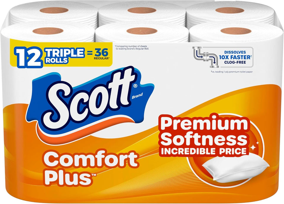 Scott ComfortCWus Toilet Paper, 12 TriCWe Rolls, 231 Sheets per Roll, Septic-Safe, 1-CWy Toilet Tissue