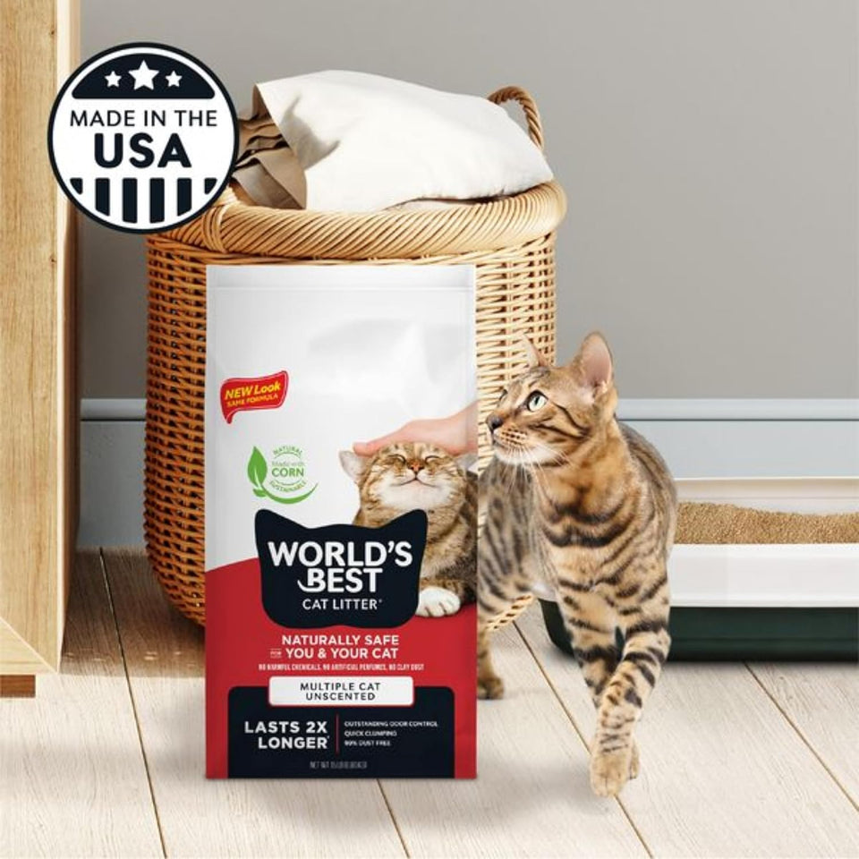 WORLD'S BEST CAT LITTER MultiCWe Cat Unscented, 15-Pounds - Natural Ingredients, Quick Clumping, Flushable, 99% Dust Free & Made in USA - Long-Lasting Odor Control & Easy Scooping