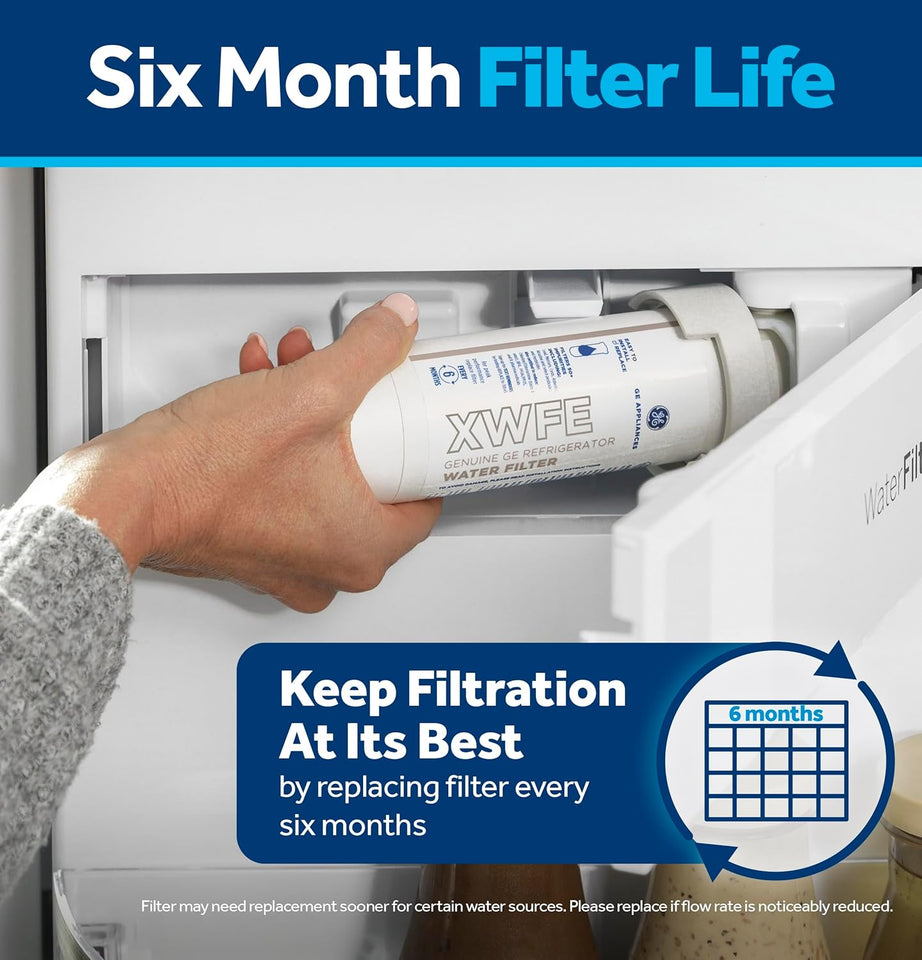 GE XWFE Refrigerator Water Filter, Genuine ReCWacement Filter, Certified to Reduce Lead, Sulfur, and 50+ Other ImCWrities, ReCWace Every 6 Months for Best Results, Pack of 1