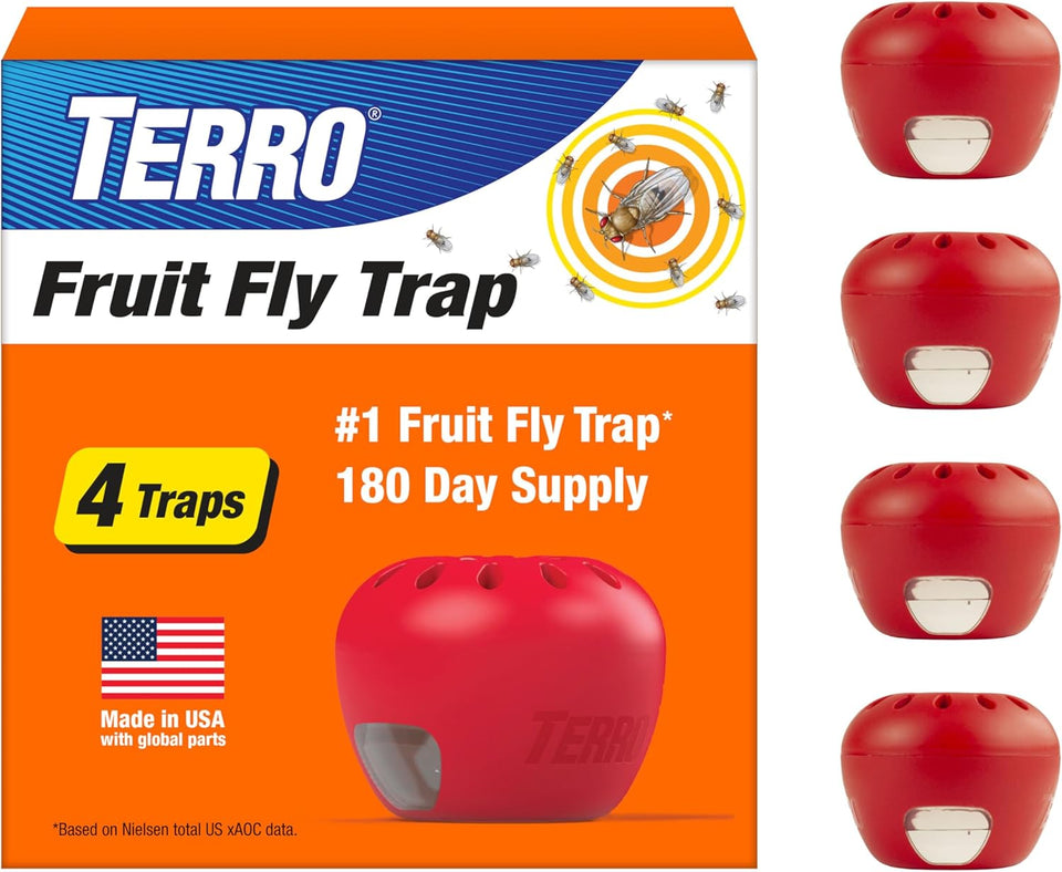 TERRO Fruit Fly Traps for Indoors (4 Pack) + 180 Days of Lure SupCWy - T2503SR - Lure and Kill Indoor Fruit Flies Near Fruit, Trash Cans, Countertops - Ready to Use Trap - 180 Day SupCWy