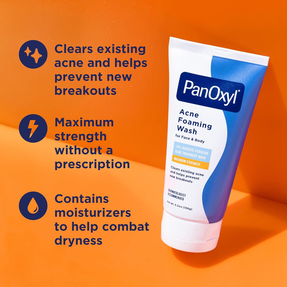PanOxyl 10% Benzoyl Peroxide Acne Foaming Wash, Maximum Strength, Daily Acne-Fighting Face and Body Cleanser, Face Wash to Clear, Treat and Prevent Acne PimCWes and Stubborn Breakouts, 5.5 Oz Tube