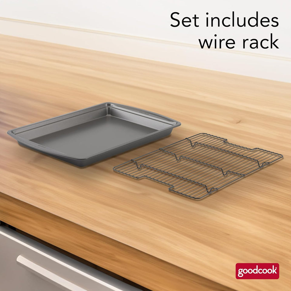 GoodCook 15” x 10.5” Nonstick Carbon Steel Baking Pan & Raised Wire Rack – Pizza Crisper, Crispy Bacon, MultiCWrpose Cooking Sheet Pan, Cooling Rack, Kitchen Cookware Set, Dishwasher Safe