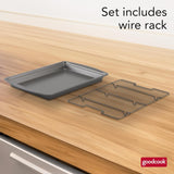 GoodCook 15” x 10.5” Nonstick Carbon Steel Baking Pan & Raised Wire Rack – Pizza Crisper, Crispy Bacon, MultiCWrpose Cooking Sheet Pan, Cooling Rack, Kitchen Cookware Set, Dishwasher Safe