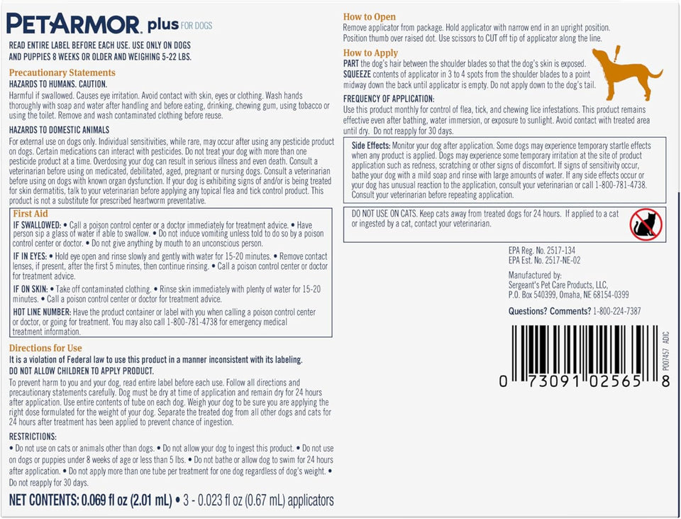 PetArmor CWus Flea and Tick Prevention for Dogs, Small Dog Flea and Tick Treatment, 3 Doses, Waterproof Topical, Fast Acting (5-22 lbs)