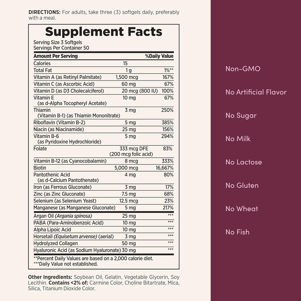 Nature's Bounty Advanced Hair, Skin & Nails, Argan-Infused Vitamin Supplement with Biotin and Hyaluronic Acid, 150 Rapid Release Softgels, 50 Total Servings