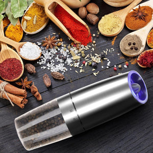 Gravity Electric Salt and Pepper Grinder Set, Adjustable Coarseness, Automatic Shakers Mill Grinder with LED Light, Upgraded Larger Capacity, One Hand Operated (Sliver 2 Pack)
