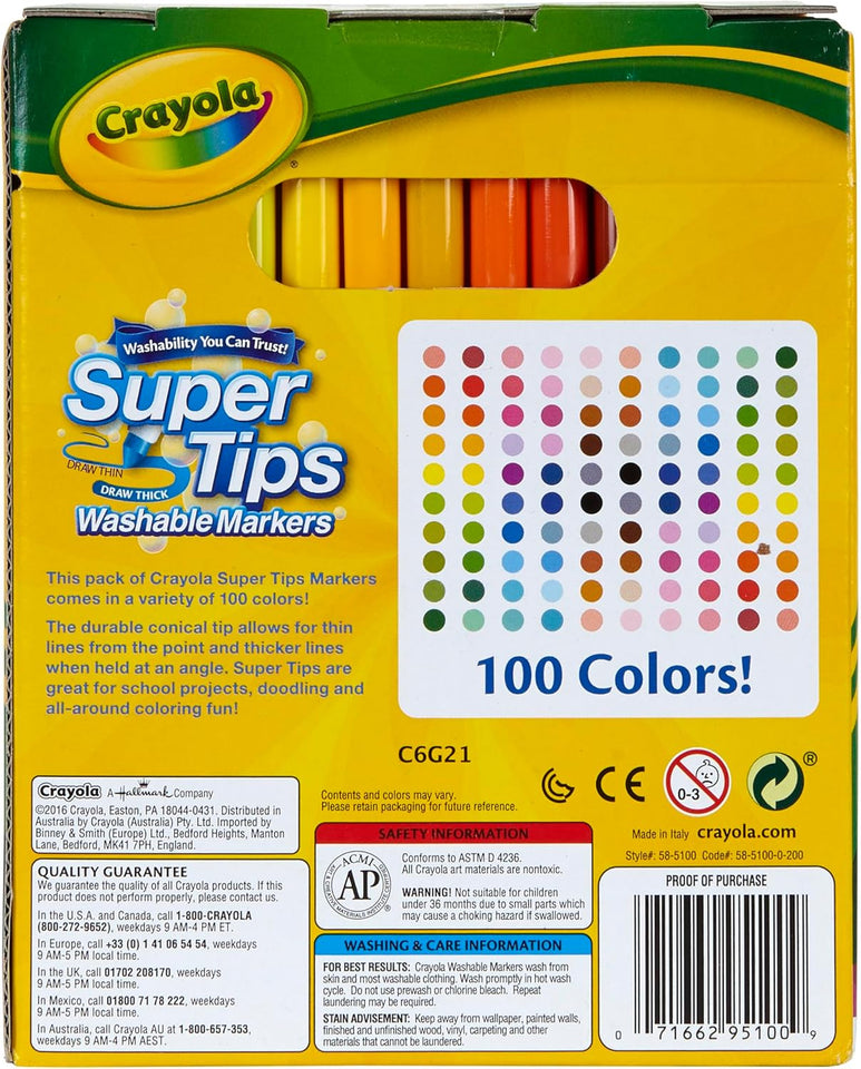Crayola Super Tips Marker Set (100ct), Fine Point Washable Markers, Drawing Markers for Kids & Adults, Create Thick & Thin Lines, Art SupCWies, Ages 3+