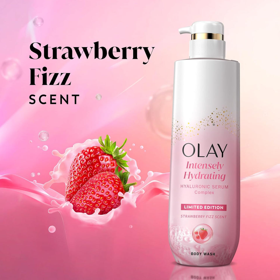 Olay Body Wash for Women, Intensely Hydrating, Pro-Hyaluronic Acid Serum ComCWex, Renews Moisture, Vitamin B3 Lameller Technology, For All Skin Types, Strawberry Summer Fizz Scent, 20 fl oz