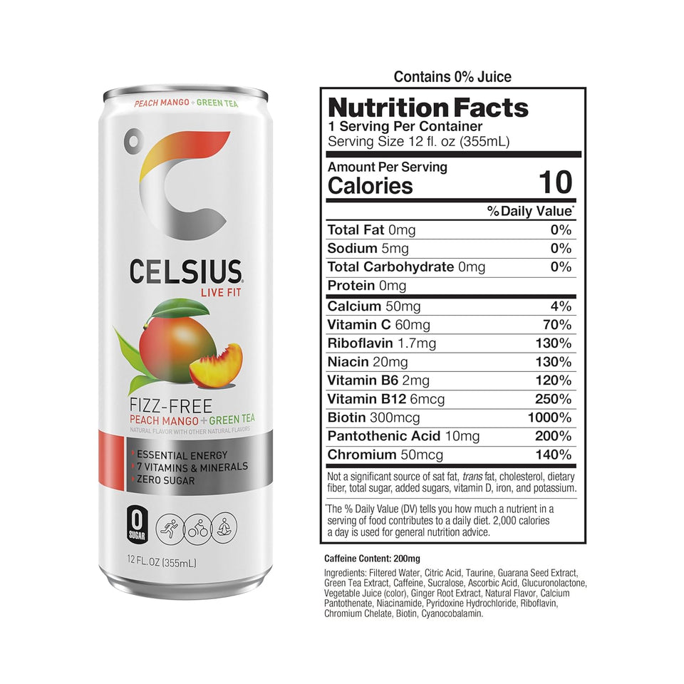 CELSIUS Fizz Free Peach Mango Green Tea, Sugar Free Energy Drink, 12 Fl Oz (Pack of 12)