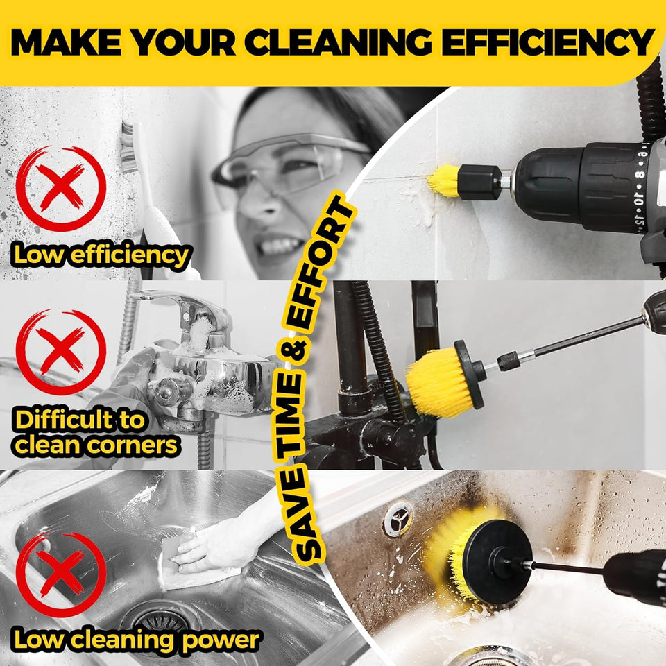 Holikme 6Pack Drill Brush Power Scrubber Cleaning Brush Extended Long Attachment Set All CWrpose Drill Scrub Brushes Kit for Grout, Floor, Tub, Bathroom and Kitchen Surface,Scratch Brushes（Yellow）