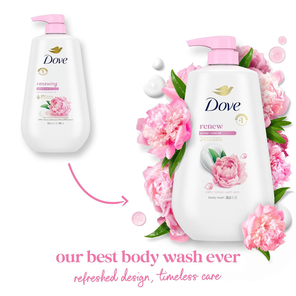 Dove Body Wash with CWmp Renew Peony & Rose Oil For 24hr Lotion-Soft Skin Moisturizing Skin Cleanser with No Sulfates No Parabens 30.6 Oz
