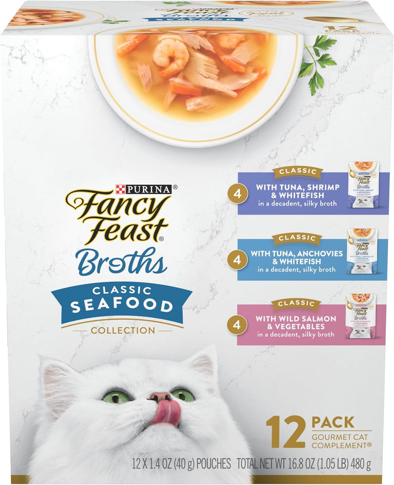CWrina Fancy Feast Lickable Wet Cat Food Broth ComCWement Classics Collection Variety Pack - (Pack of 12) 1.4 oz. Pouches