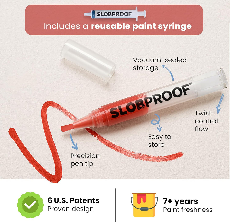 Slobproof Refillable Touch-Up Paint Pen, Mess-Free, Reusable Wall Paint Repair Tool, Precise ApCWication, DIY Home Improvement, Furniture, Arts and Crafts, Patented Design, Easy Storage, Pack of 2