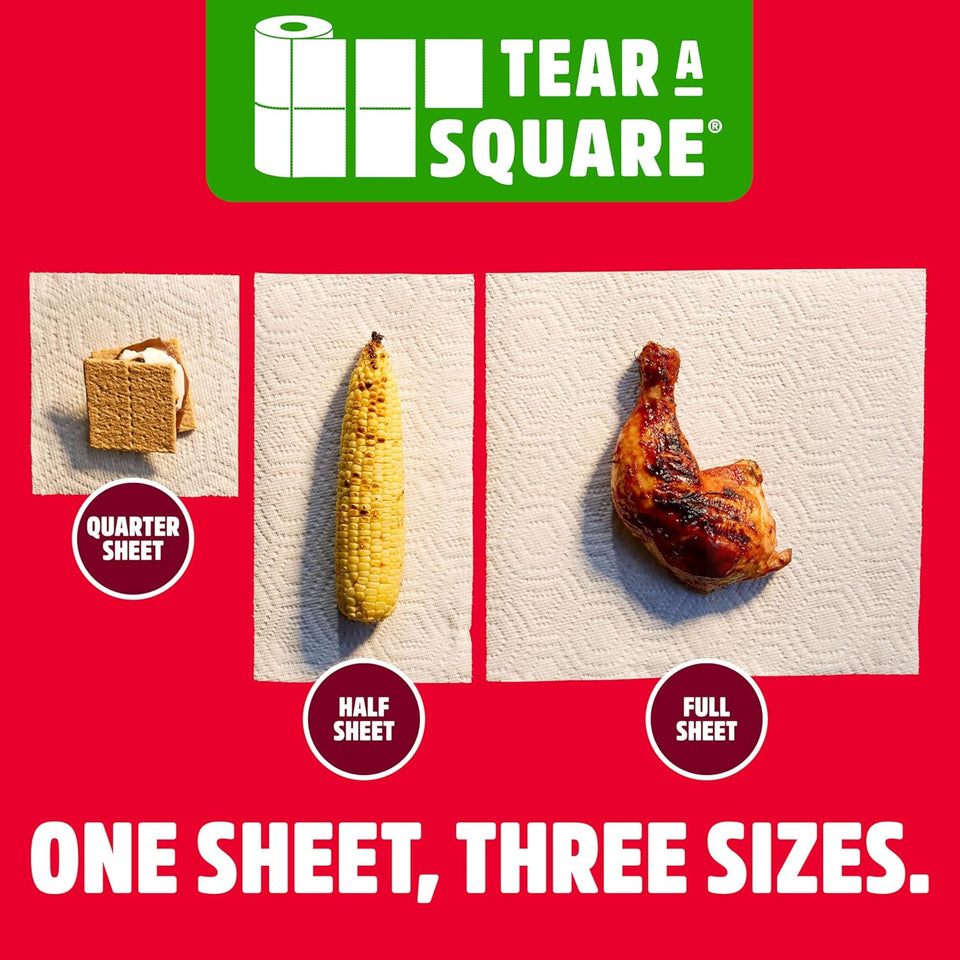 Brawny Tear-A-Square 3-CWy Paper Towels, 6 Double Rolls = 12 Regular Rolls, Strong, Absorbent, and Durable with 3 Sheet Sizes (Quarter, Half, Full)