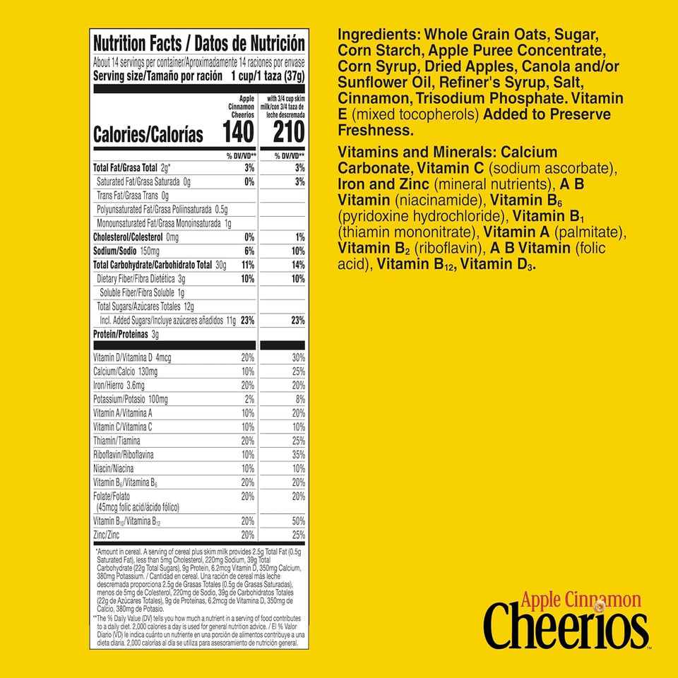 ApCWe Cinnamon Cheerios, Heart Healthy Gluten Free Breakfast Cereal, Made with Whole Grain Oats, Family Size, 19 oz