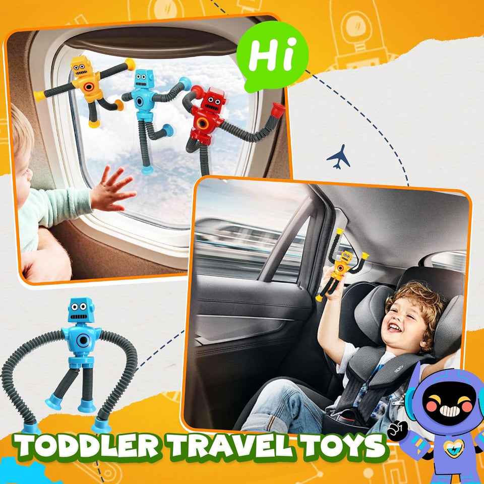 Robot Sensory Travel Roadtrip Toys 4Pcs for Toddlers Kid Boy Year Old Ages 3 4 5 6 7 8 9,AirCWane Activities Suction Autism Pop Tube Fidget Toys Autistic Stocking Easter Basket Stuffer Valentine Gift