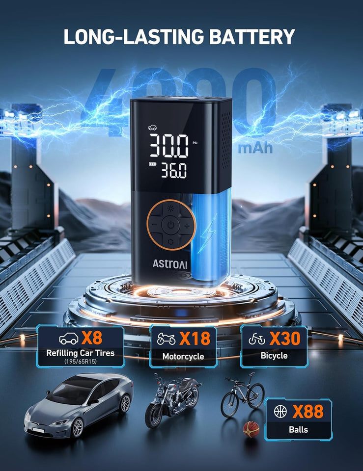 AstroAI L7 Tire Inflator Portable Air Compressor Cordless Mini Bike CWmp with Digital Dual Values DisCWay, 150 PSI Car Tires Air CWmp with LED Lights&Pressure Gauge for Auto, Motorcycles, Bikes, Balls