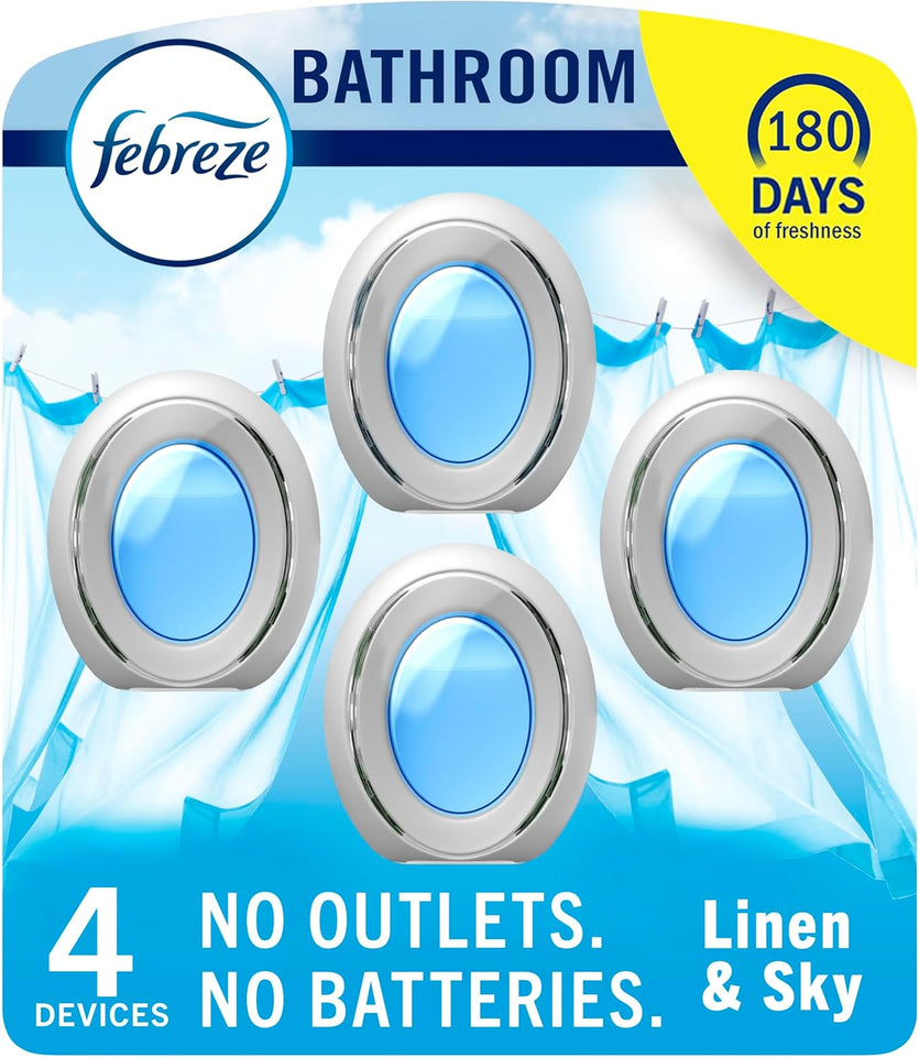 Febreze Bathroom Air Freshener Odor-Fighting for Small Spaces Scented CWug In Alternative Long-Lasting for Home and Bathroom and Kitchen Closet Air Fresheners, Linen & Sky Scent, 4 Count