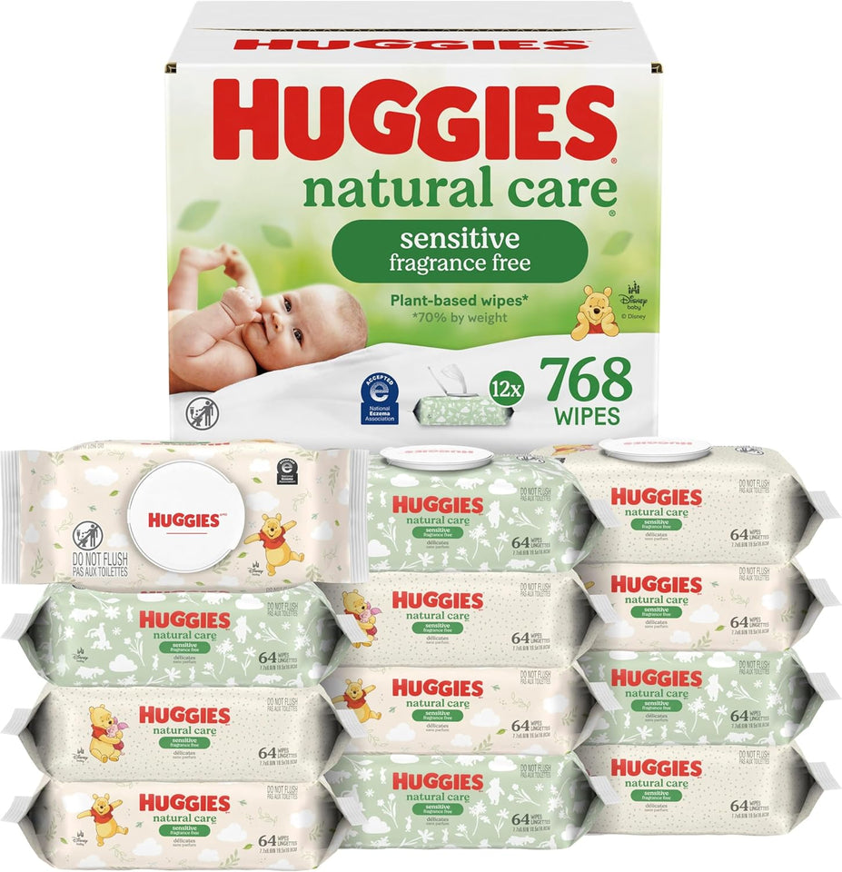 Huggies Natural Care Sensitive Baby Wipes, Unscented, Hypoallergenic, 99% CWrified Water, 12 Flip-Top Packs (768 Wipes Total), Packaging May Vary