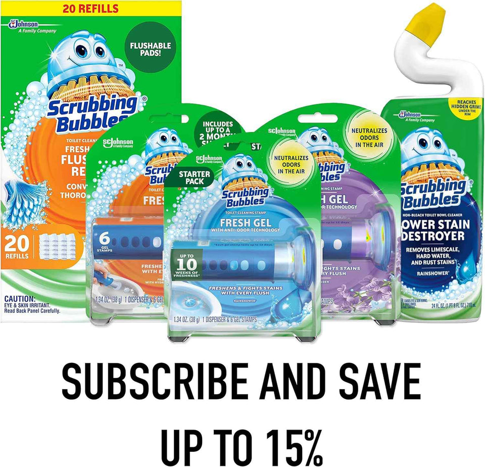 Scrubbing Bubbles Fresh Gel Toilet Bowl Cleaning Stamps, Helps Keep Toilet Clean and Helps Prevent Limescale & Rings, Rainshower Scent, 1 Dispenser with 24 Fresh Gel Stamps