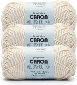 Caron All Day Cotton - 3 Pack of 173 Yards/3.52 oz Cream 100% Mercerized Cotton Yarn