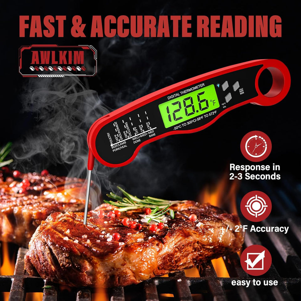 AWLKIM® Meat Thermometer Digital - Instant Read Waterproof Food Thermometer with Backlight for Cooking, Grill, Candy, Kitchen & Stocking Stuffers for Men - Red