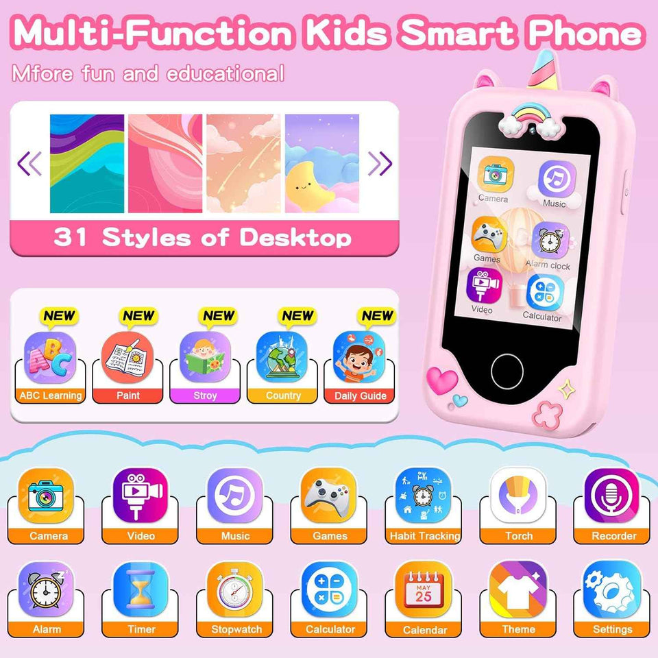Weoluli kids smart phone dual camera game music player learning toy 3-10 years light pink