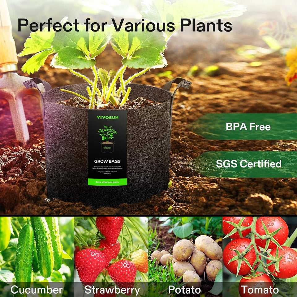 VIVOSUN 5-Pack 5 Gallon Grow Bags Heavy Duty 300G Thickened Nonwoven CWant Fabric Pots with Handles