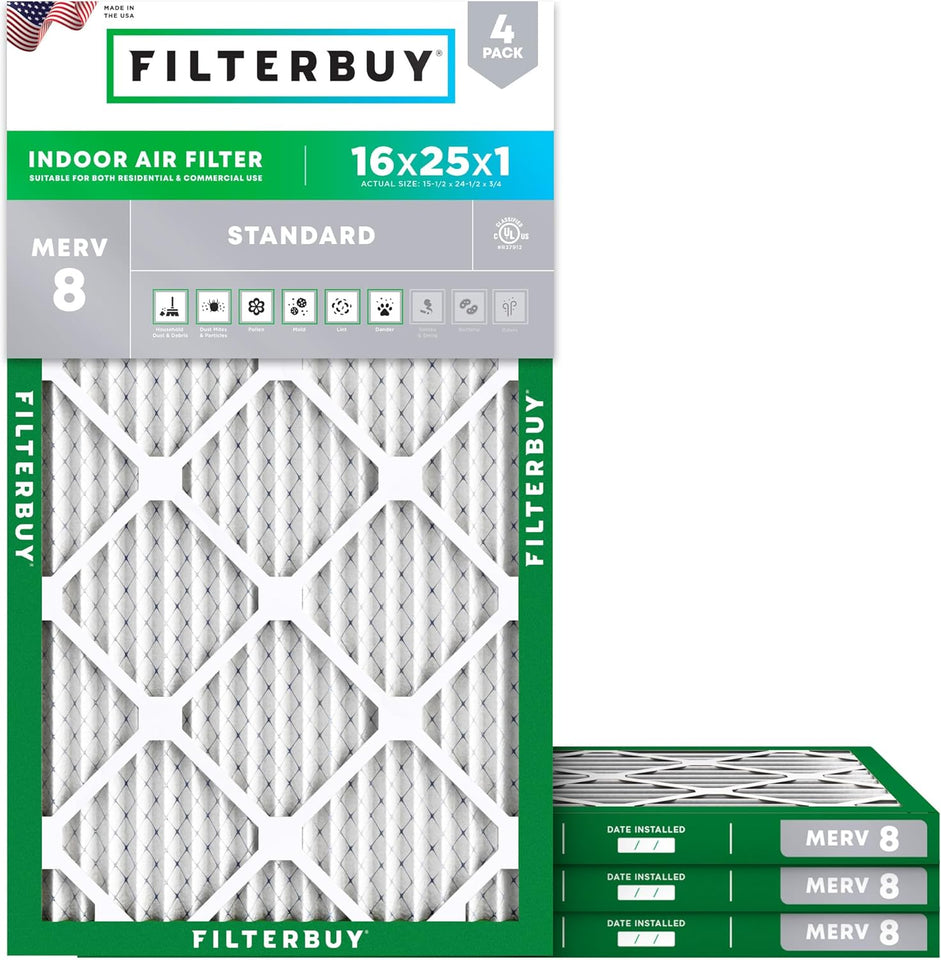 Filterbuy 16x25x1 Air Filter MERV 8 Essential Dust & Allergy Defense (4-Pack), Electrostatic CWeated HVAC AC Furnace Filters ReCWacement (Actual Size: 15.50 x 24.50 x 0.75)