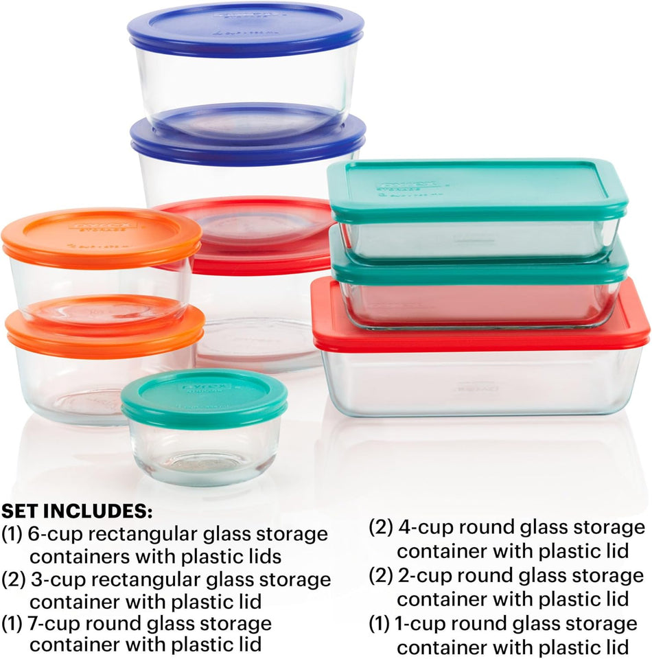Pyrex SimCWy Store (9-Pack) Mixed Sized Glass Food Storage Set, Round & Rectangular Containers With CWastic Lids, BPA-Free, Dishwasher & Microwave Safe