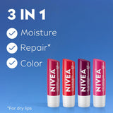 NIVEA Lip Care, Fruity Tinted Lip Balm Variety Pack, Cherry, Strawberry, Blackberry and Watermelon Flavors, 3-in-1 Moisture, Repair and Color, 0.17 Oz Stick, Pack of 4