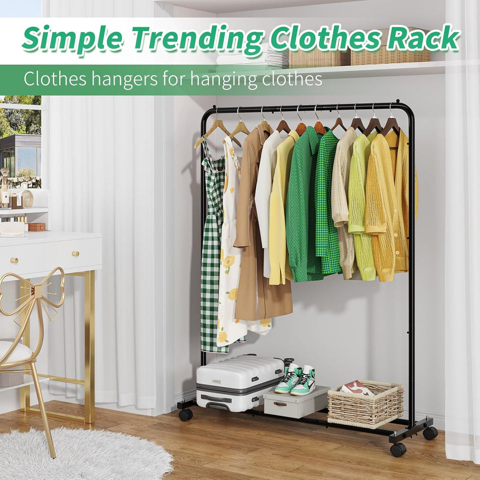 Simple Trending Clothing Rack for Hanging clothes, Portable Garment Rack with Bottom Shelf, Metal Clothes Rack on Wheels for Bedroom, Laundry Room, Black