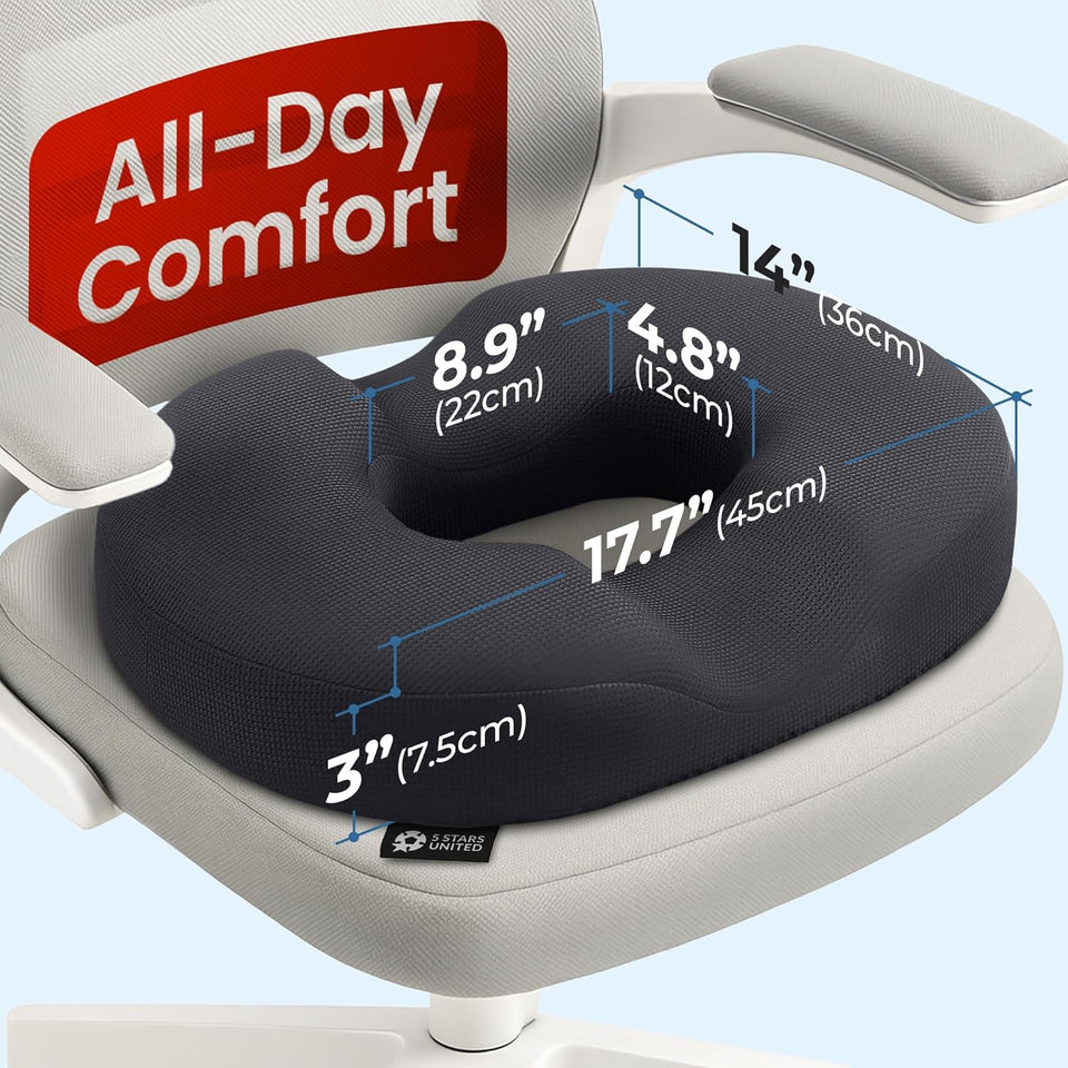 5 STARS UNITED Donut Pillow Hemorrhoid Tailbone Cushion – Large Cushion for Pain Relief – Coccyx, Prostate, Sciatica, Pelvic Floor, Pressure Sores, Pregnancy, Postpartum Recovery, Black