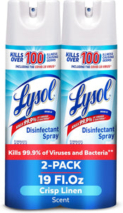 Lysol Disinfectant Spray, Household Essential Cleaning Supplies, Multi-Purpose Room Spray, Antibacterial Sanitizer Spray, Upholstery Deodorizer, Home and Bathroom, Crisp Linen,19 Fl Oz (Pack of 2)