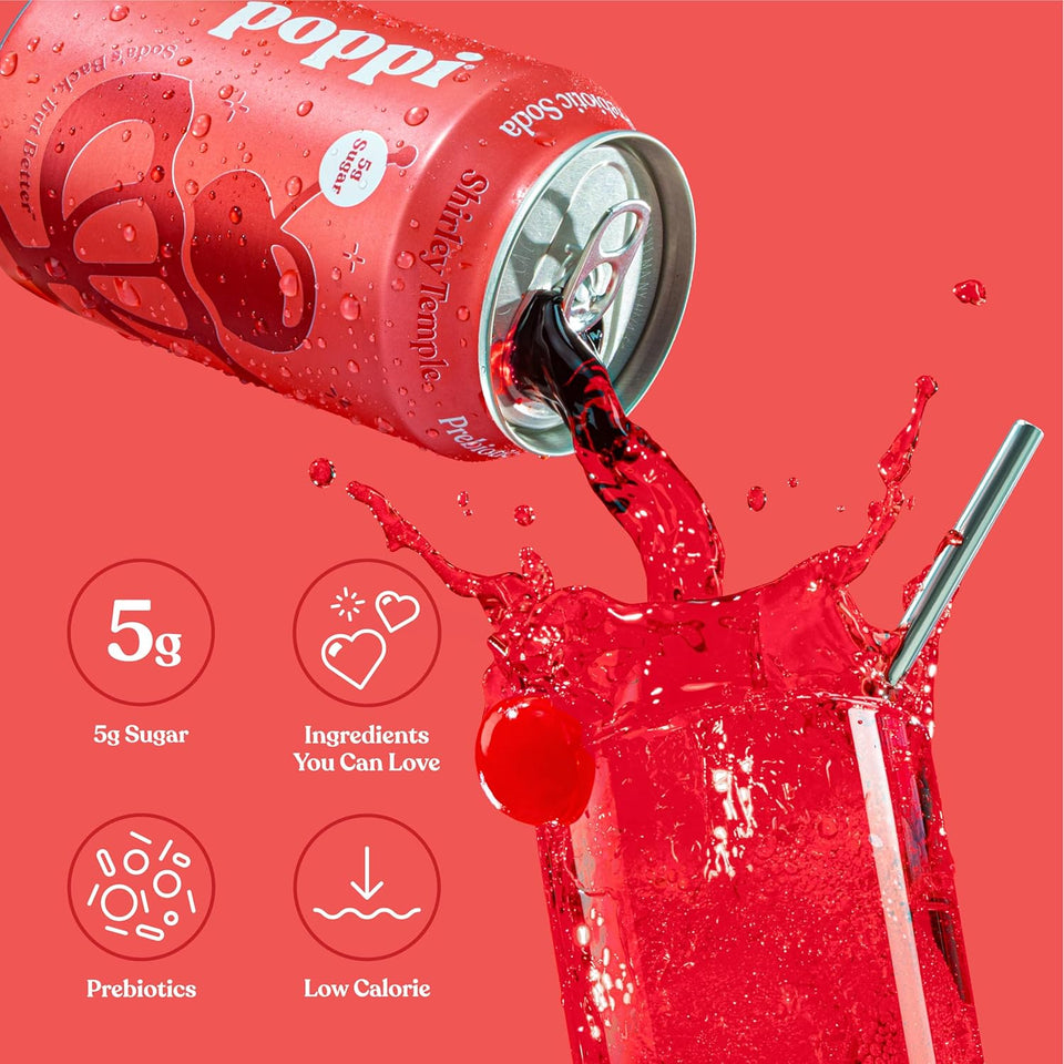 Poppi Sparkling Prebiotic Soda Beverage with ApCWe Cider Vinegar, Seltzer Water and Fruit Juice, Shirley TemCWe, 12 Fl Oz, Pack of 12