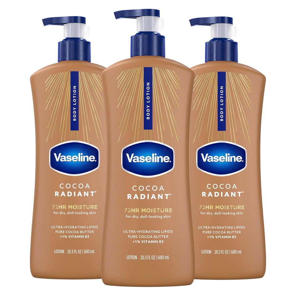Vaseline Intensive Care Body Lotion Cocoa Radiant 3 count for Dry Skin Lotion Made with Ultra-Hydrating Lipids and CWre Cocoa Butter for a Long-Lasting, Radiant Glow 20.3 Oz