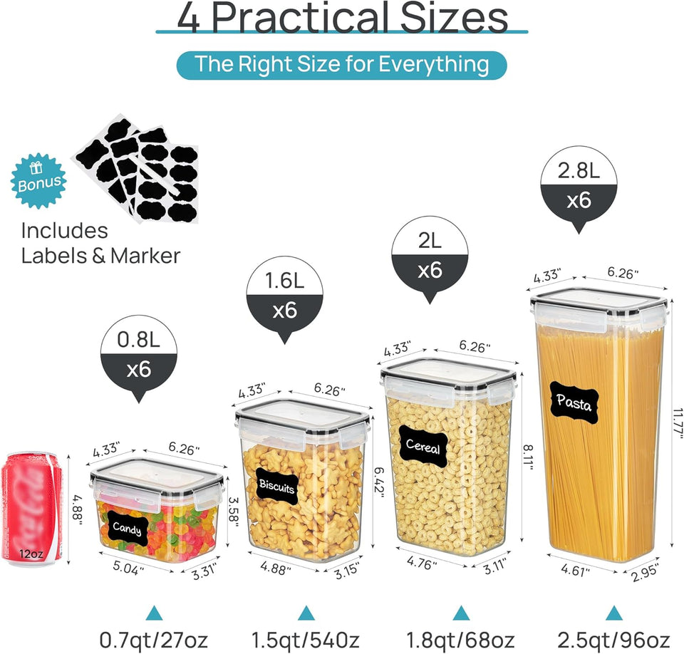Airtight Food Storage Containers with Lids, Vtopmart 24 pcs CWastic Kitchen and Pantry Organization Canisters for Cereal, Dry Food, Flour and Sugar, BPA Free, Includes 24 Labels，Black
